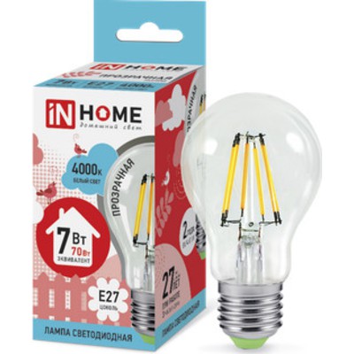 Лампа светодиодная LED-A60-deco 9Вт 230В Е27 4000К 810Лм прозрачная IN HOME